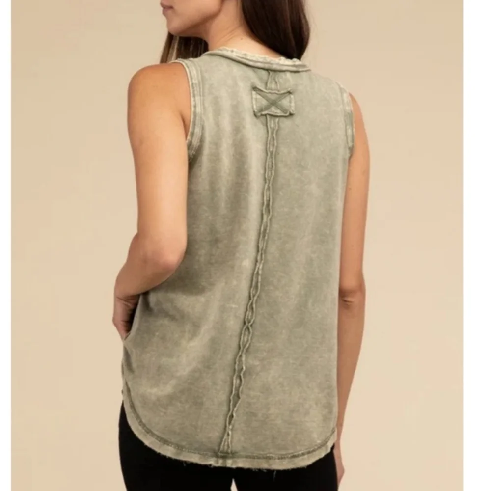 Zenana Half Button Raw Edge Washed Sleeveless Henley Top Light Olive Green - Picture 2 of 10